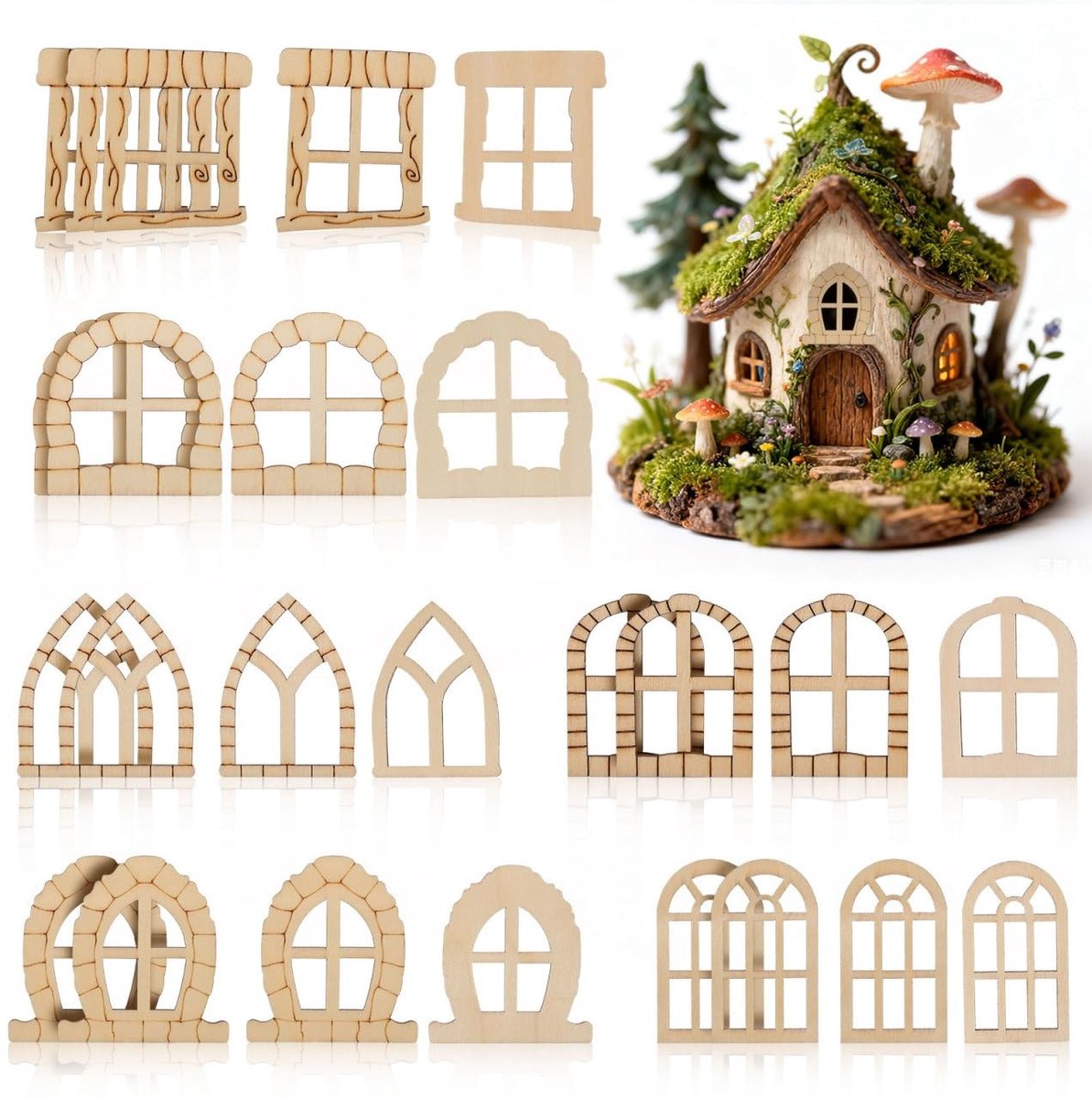 Omgoods - Set van 25 Onvoltooide Miniatuur Houten Deuren en Ramen voor Tuin Decoratie
