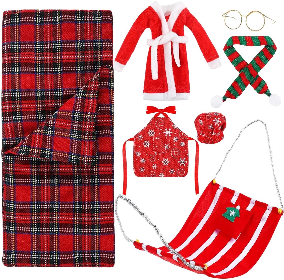 Omgoods - 8pcs Kerst Elf Pop Accessoires - Slaapzak, Badjas, Bril en Meer