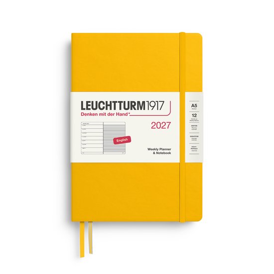 Gele Leuchtturm1917 A5 planner en notitieboek "Sunflower". Hardcover met elastische band en twee bladwijzers. "2027 Weekly Planner & Notebook" is op de voorkant gedrukt.