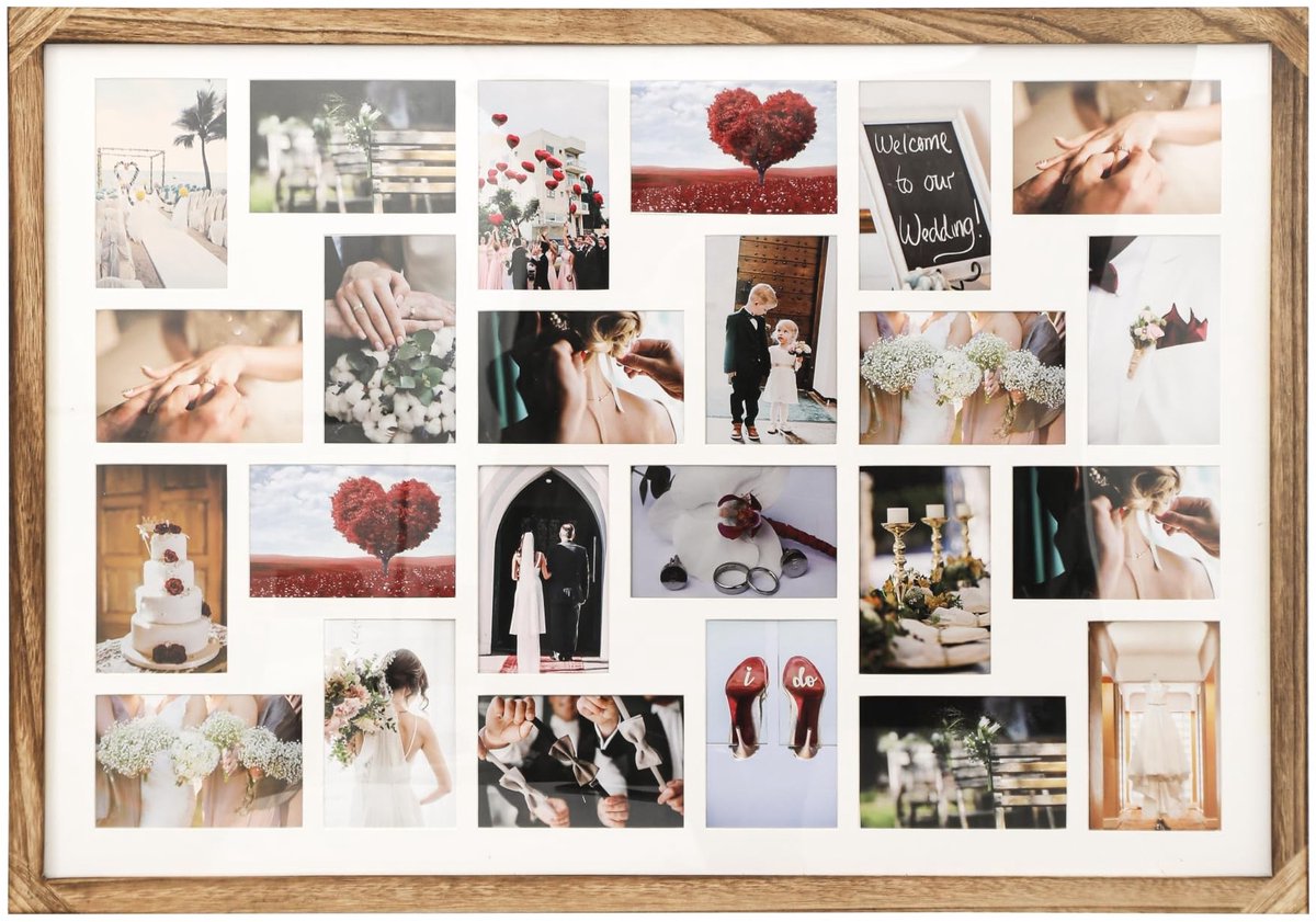Omgoods - Massief Houten Fotolijst met Meerdere Grote Bezels voor 24 Foto's
