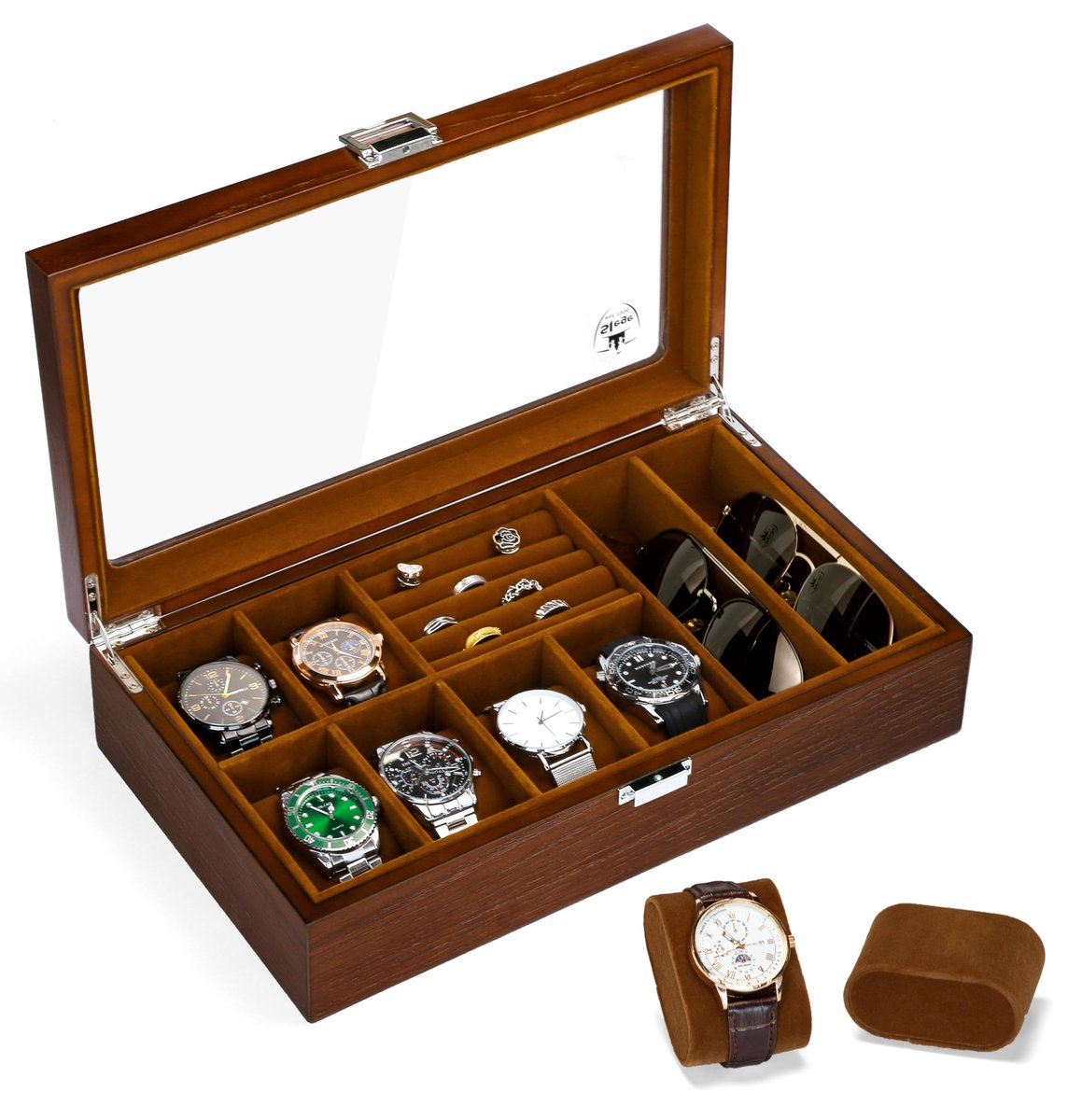 Omgoods - Houten Horlogebox voor 6 Horloges met Glazen Deksel