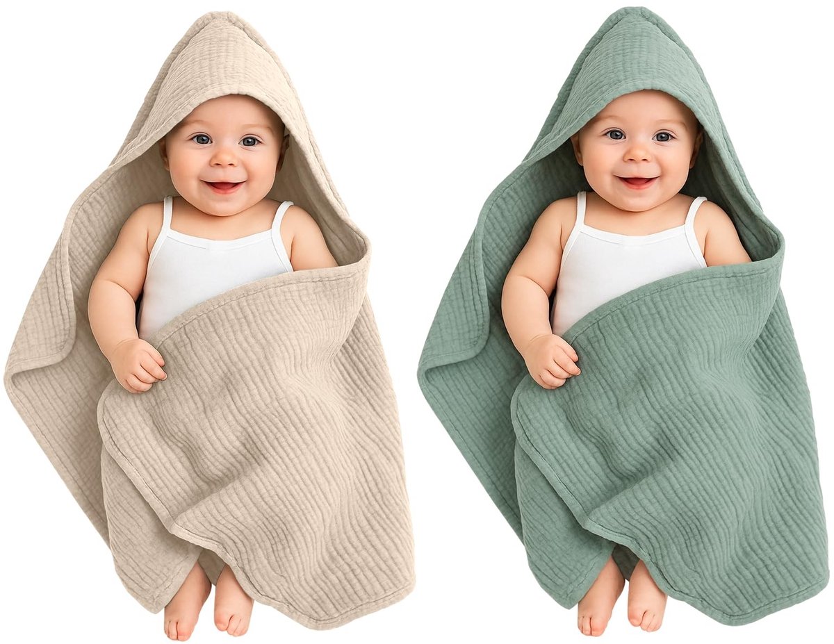 Omgoods - Set van 2 Babyhanddoeken met Capuchon van Mousseline