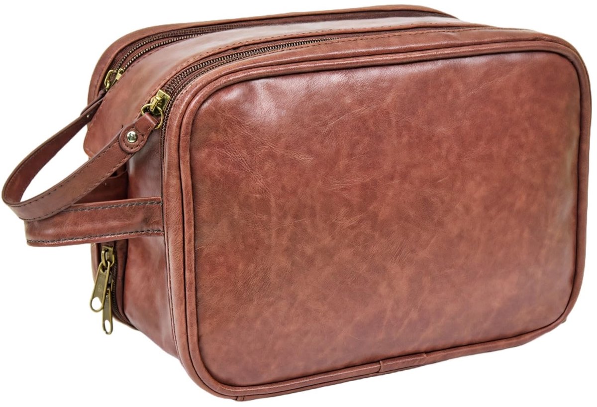 Omgoods - Heren PU Leren Toilettas - Dubbel Zip Reis Bagage