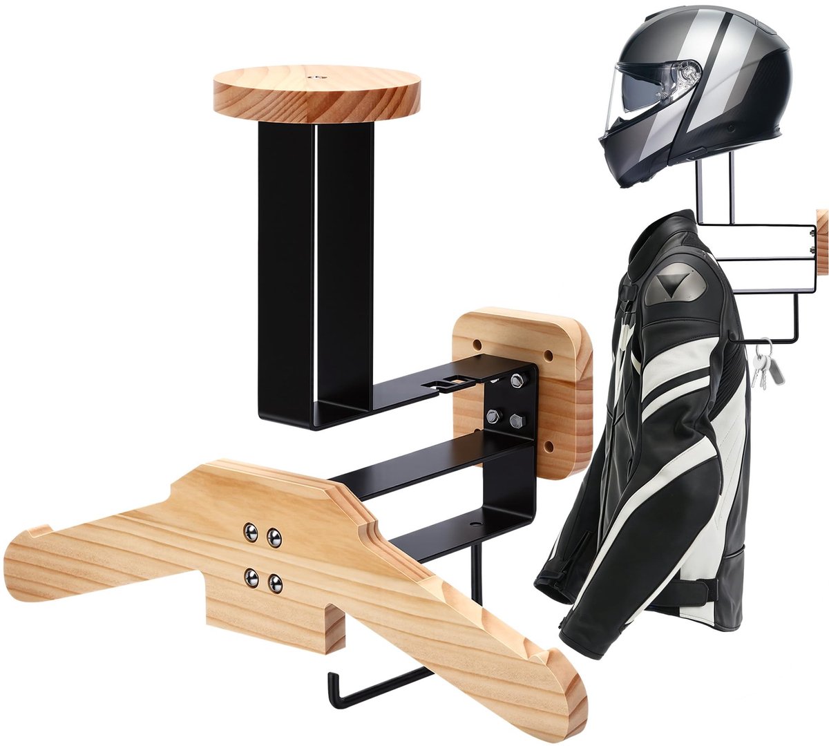 Omgoods - Motorhelmhouder van Hout en IJzer - Wandbevestiging voor Fietsuitrusting
