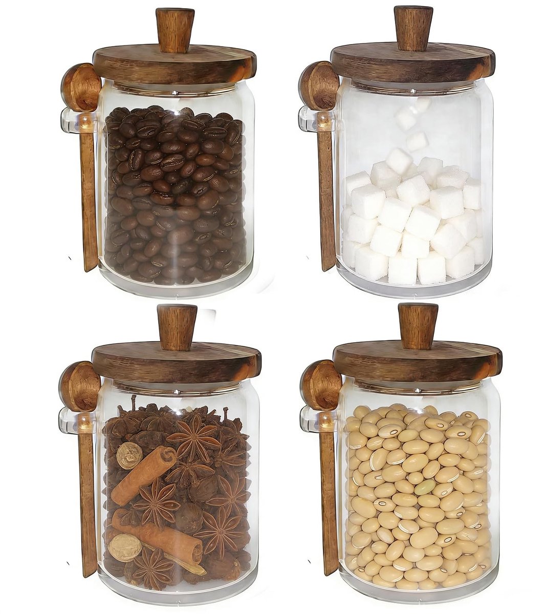 Omgoods - Set van 4 Glazen Containers met Lepels - Voorraadpotten voor Koffie en Specerijen