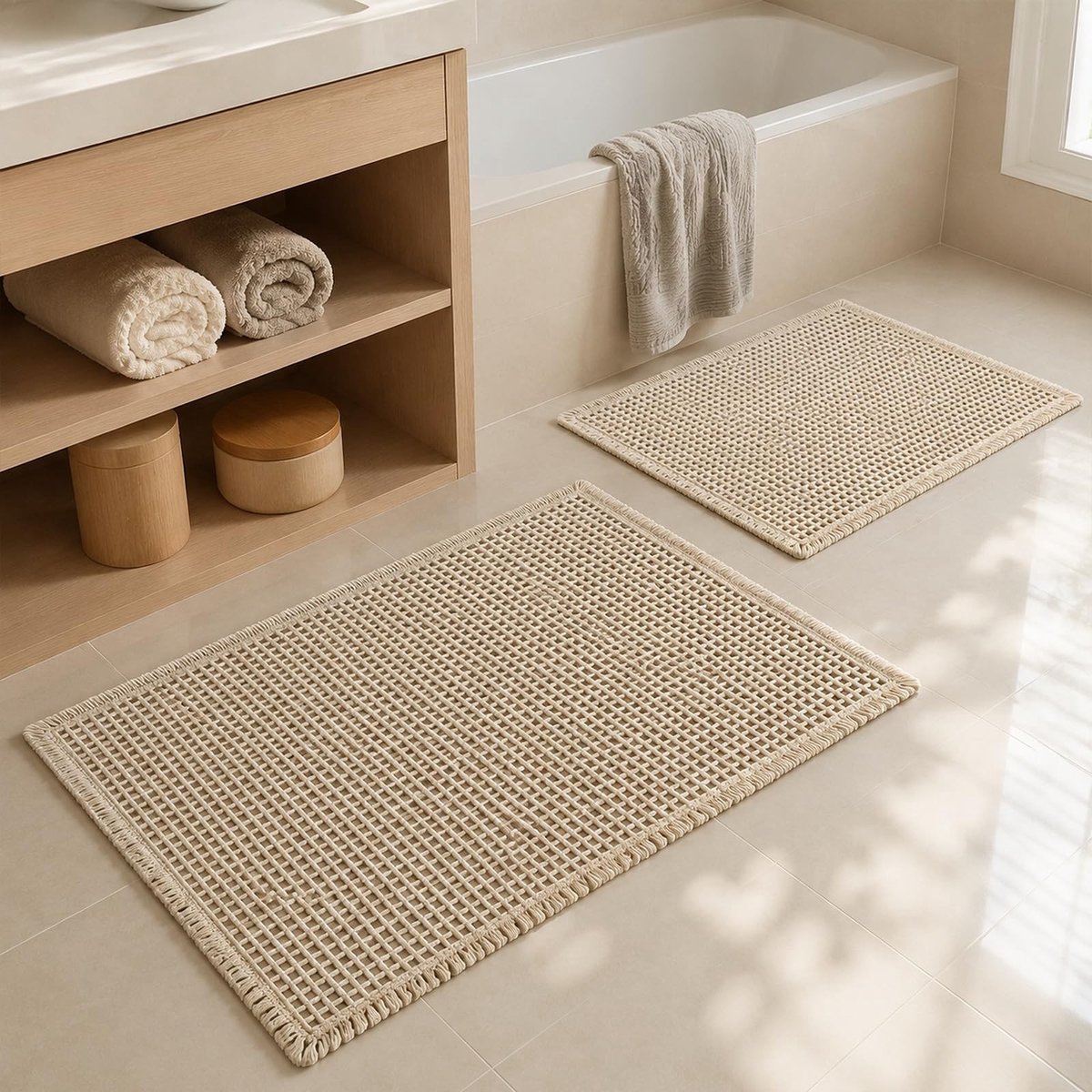 Omgoods - 2-delige Antislip Badmatset voor de Badkamer in Beige
