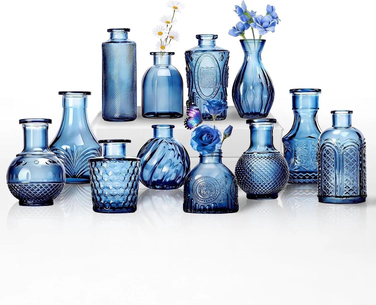 Omgoods - Set van 12 Blauwe Glazen Bud Vazen met Vintage Patroon