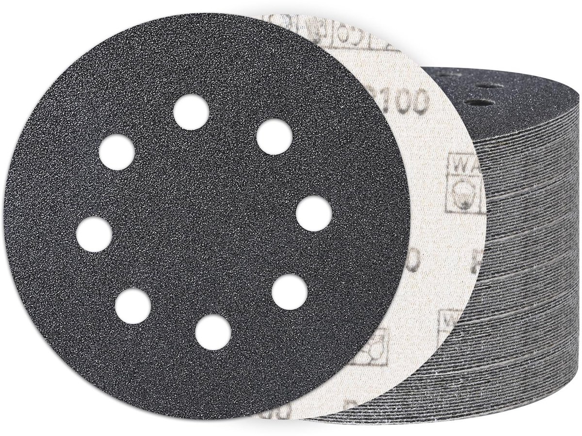 Omgoods - 100 Stuks Schuurpapier Schijven 125 mm 100 Grit, 8 Gaten