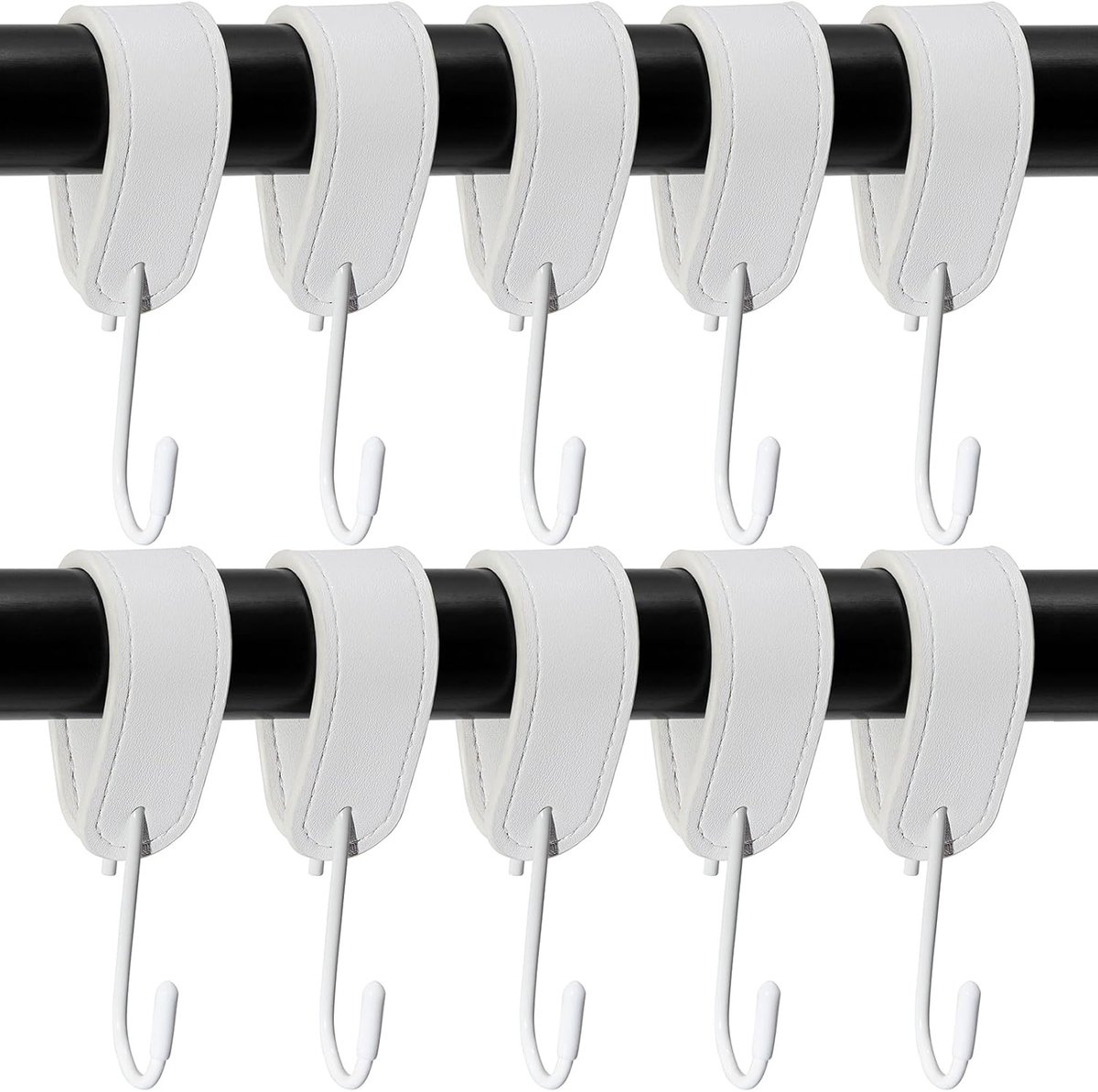 SnelShoppen - 10 Stuks S-Haken Kledinghaken Wit met Leren Lus Multi-Functionele Haken voor Ophangen Jassen, Handdoeken, Keuken en Kledingrek