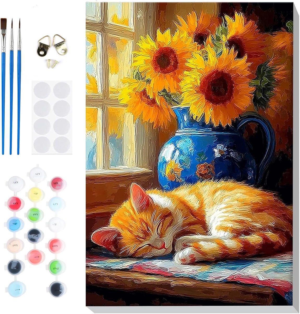 SnelShoppen - Schilderen op Nummer Set voor Volwassenen, Kat met Zonnebloem op Canvas, DIY Acryl Verf Kit met Houten Lijst voor Thuis Decoratie