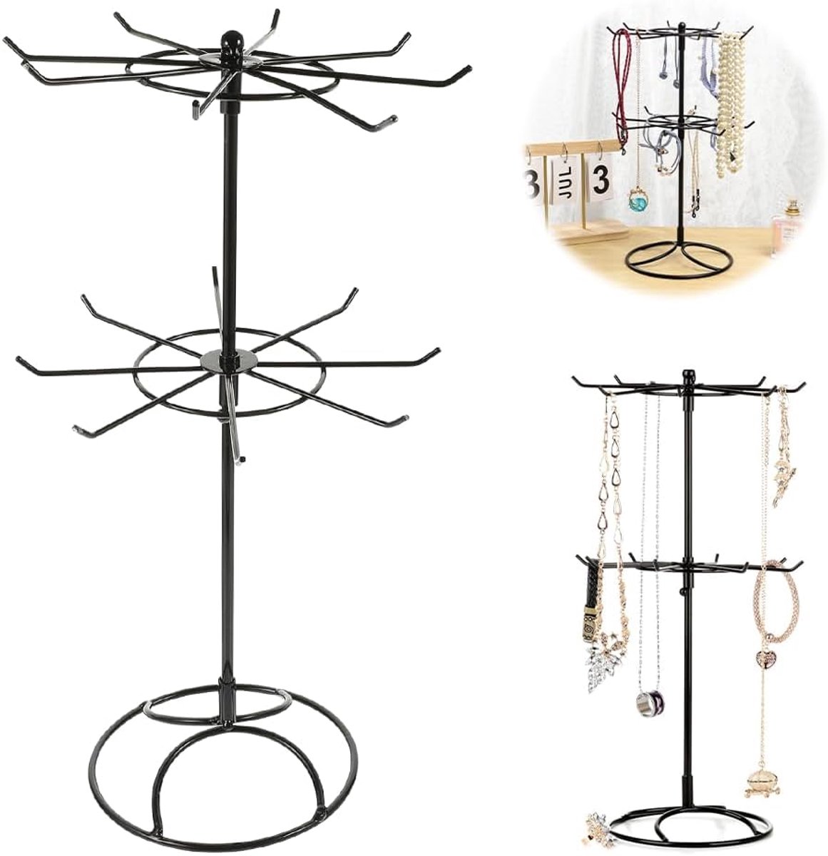SnelShoppen - Rotating Jewelry Stand, 2-niveau Kettingenhouder, Afneembaar, Zwart, 16 Haken Voor Sieraden, Armbanden, Ringen En Oorbellen