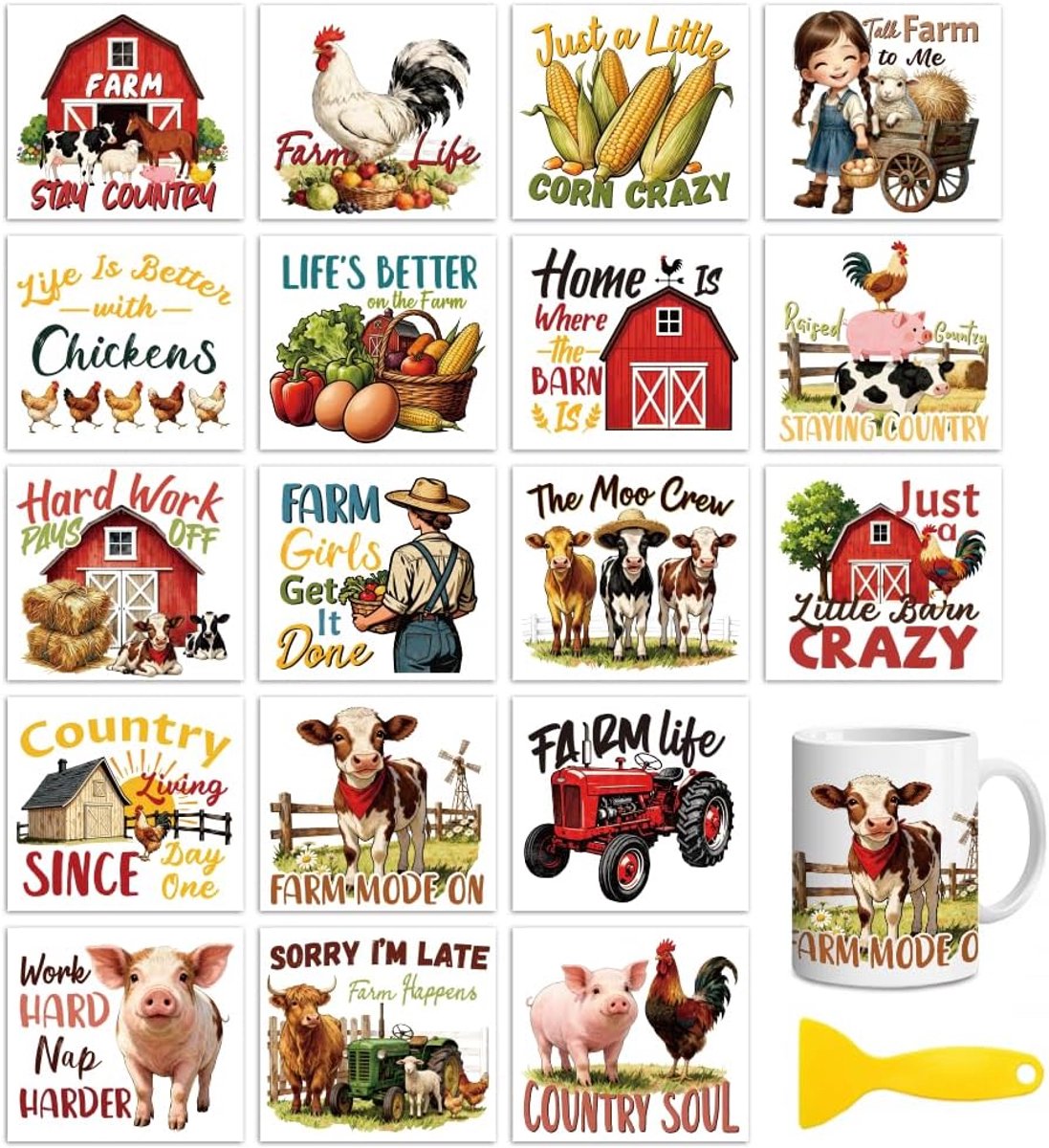 SnelShoppen - 18 vellen wrijven op transferstickers voor ambachten, grappige citaten over het boerenleven, 3,6 x 3,9 inch, waterdicht, voor houten, gl