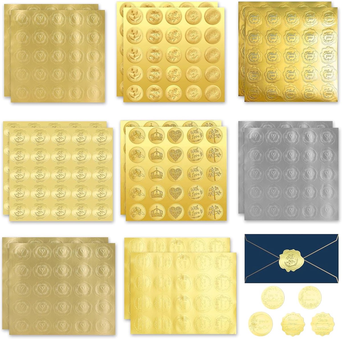 SnelShoppen - Envelope Stickers Hart - 400 Stuks Gegraveerde Hart Stickers - 8 Stijlen Gouden Zeel Stickers voor Trouwe Enveloppen, Uitnodigingen en W