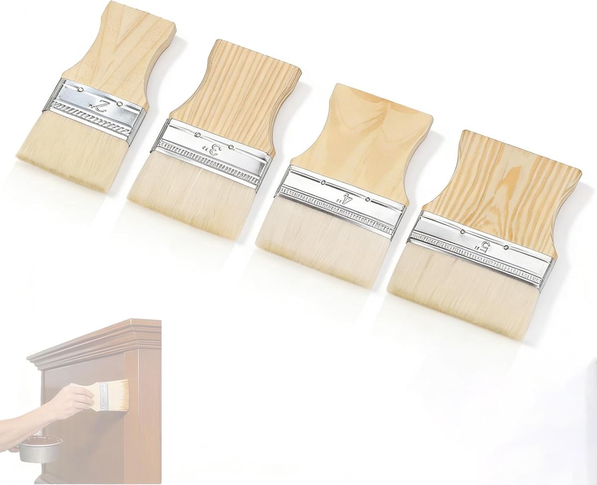 Set van 4 borstels van wol met vierkante handgreep, 2/3/4/5 inch, houten handvat, zachte borstels, herbruikbare - ShopVlot