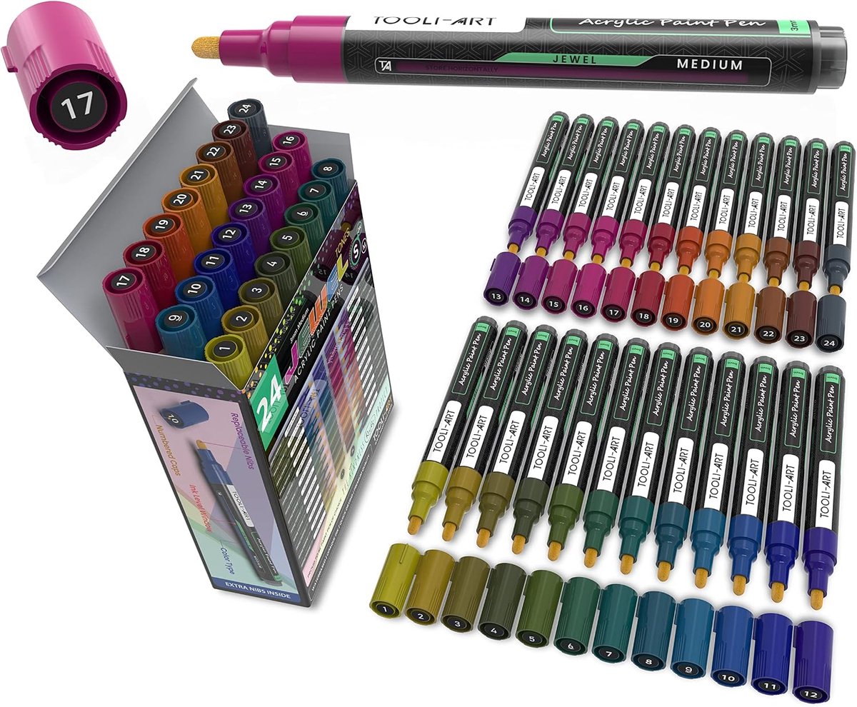 SnelShoppen - 24-Piece Acryl Marker Pennen Set voor Steen, Plastic, Canvas, Glas - Opaak, Waterbasis, Sneldrogend, Kleurige Creativiteit voor Kinderen