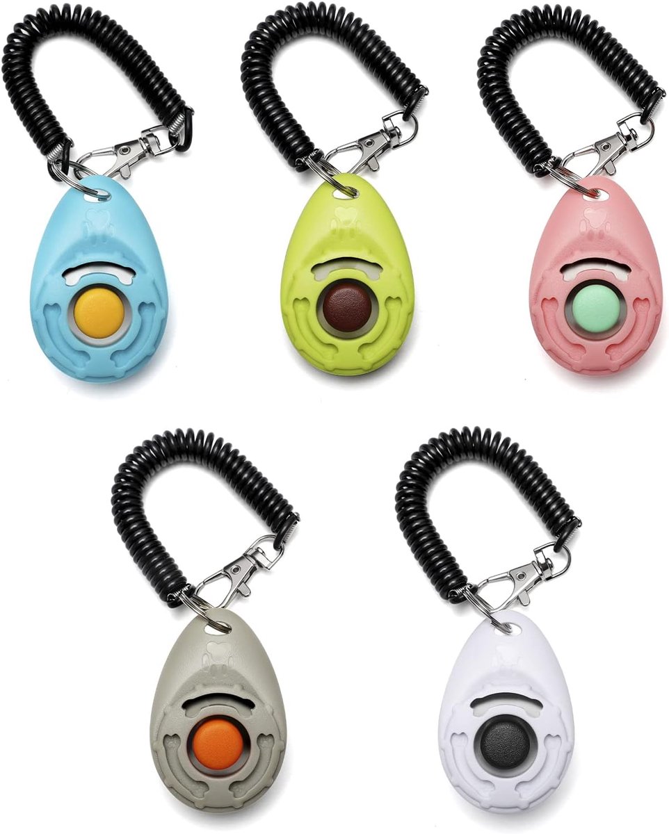 SnelShoppen - Toozey Honden Clicker Set van 5 Stuks met Polsband, Grote Knop, 5 Kleuren, Duurzaam Materiaal, Inclusief E-Book