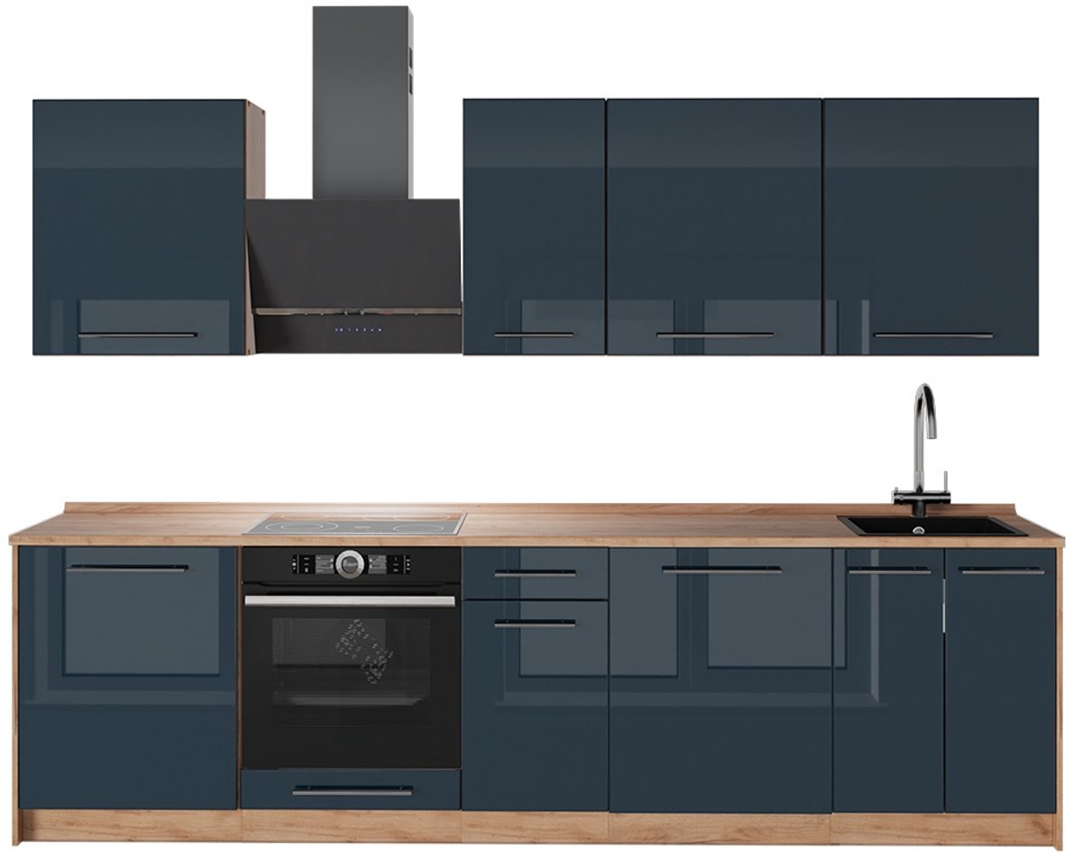 Vicco Complete keukeneenheid Fame-Line, Donkerblauw hoogglans/Goudkleurig Eiken, 280 cm, WB Eik