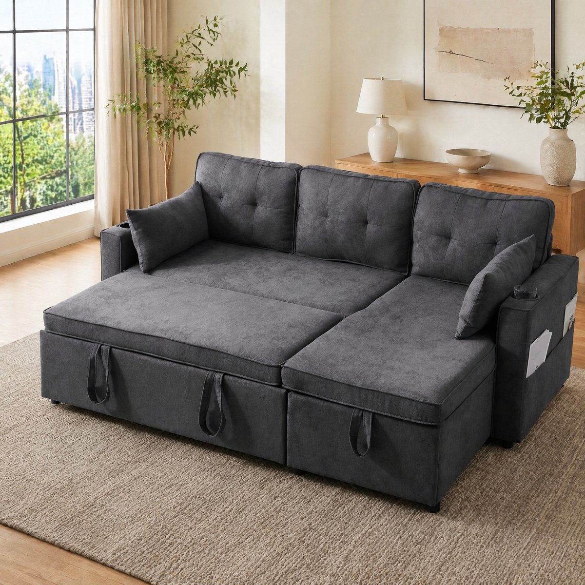 COVREO Slaapbank 211x130x86 cm grijs, met opbergruimte en bekerhouders