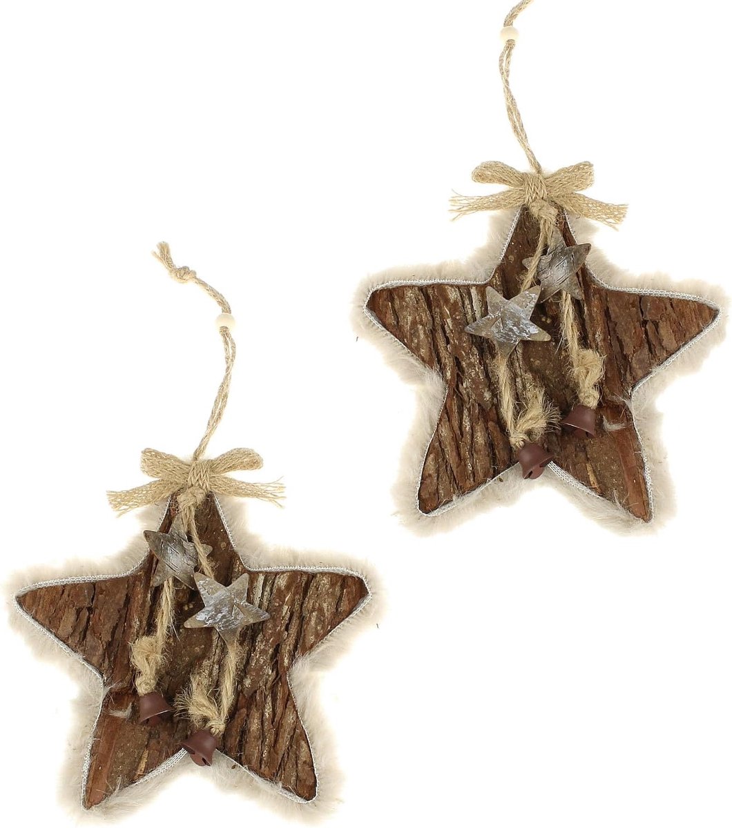 Kerstdecoratie ster 24cm - houten ster met bont - voor hangdecoratie - sfeervolle uitstraling - ShopVlot