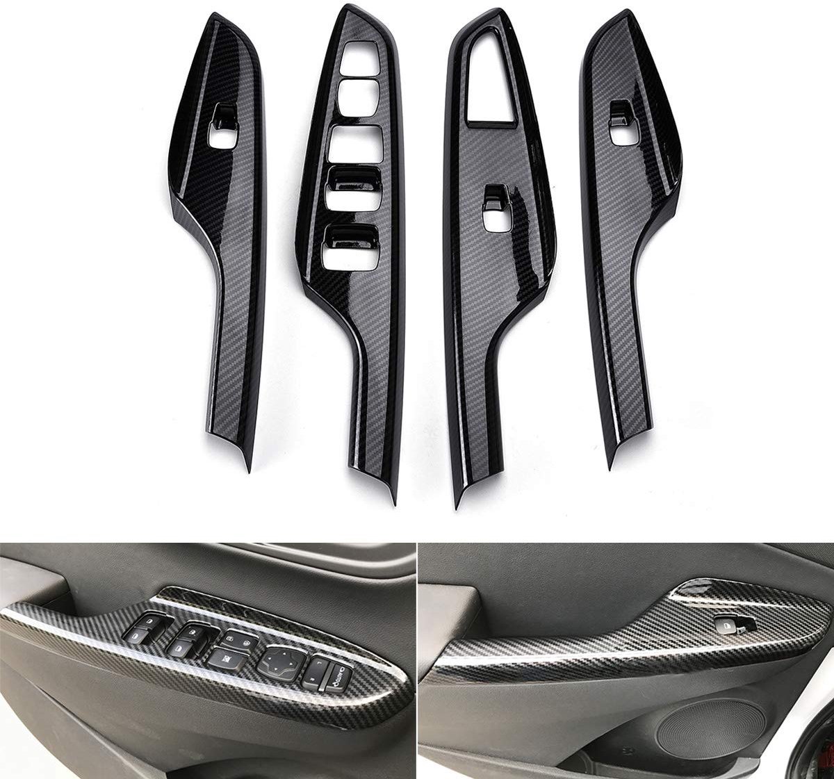SnelShoppen - Carbon Fiber Stijl Deur Raam Schakelaar Paneel Cover Decoratie Sticker Set voor Hyundai Kona 2018-2019 - 4 Stuks - ABS Materiaal - Inter