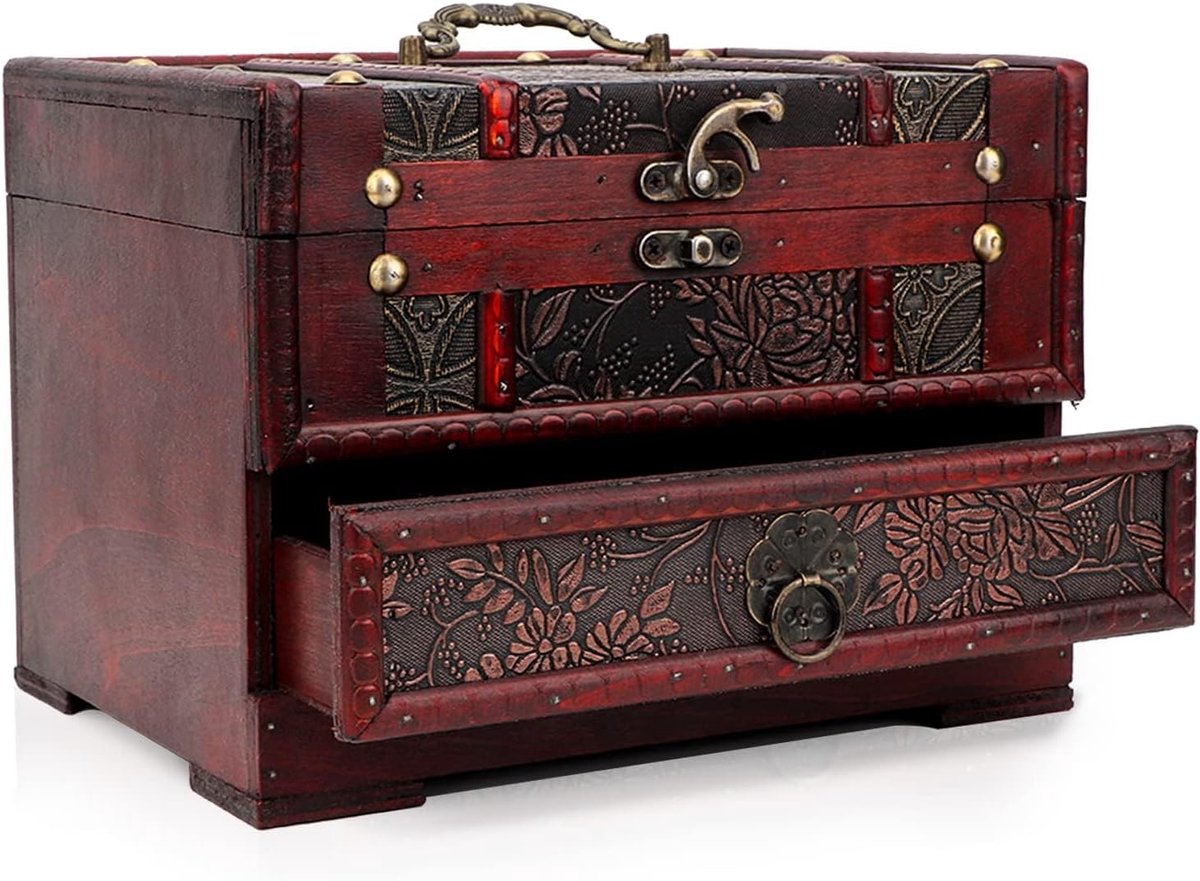SnelShoppen - Houten Sieradenbox - Vintage Sieraden Organizer met Lades en Spiegel voor Ringen, Halskettingen, Horloges - Duurzaam en Stijlvol