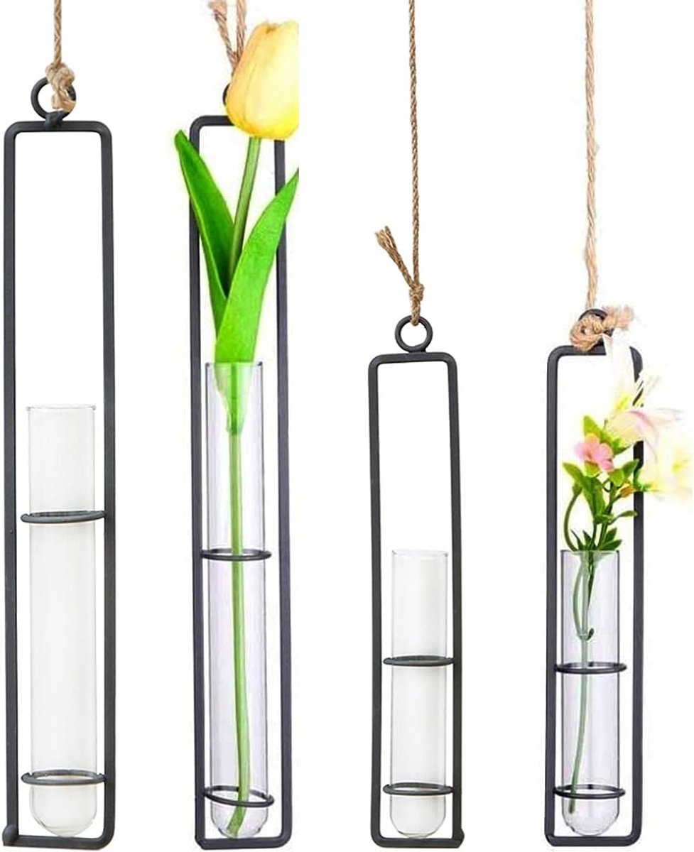 Hangende Testbuis Vaas - 4 Stuks - Zwart Metaal en Glas - Decoratie voor Planten in de Woonkamer - SnelShoppen