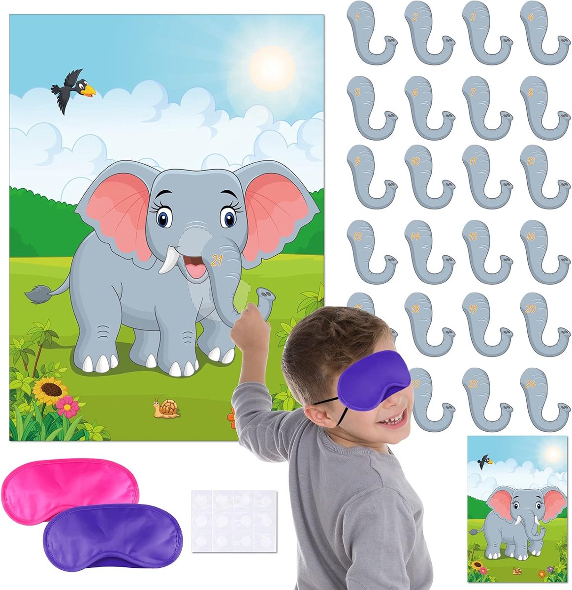 SnelShoppen - Pin de Neus op de Olifant Spel voor Kinderen, Feestdecoraties, Verjaardagsfeest, Circusfeest, Dierenfeest, 1 Poster, 2 Blinddoeken, 24 N
