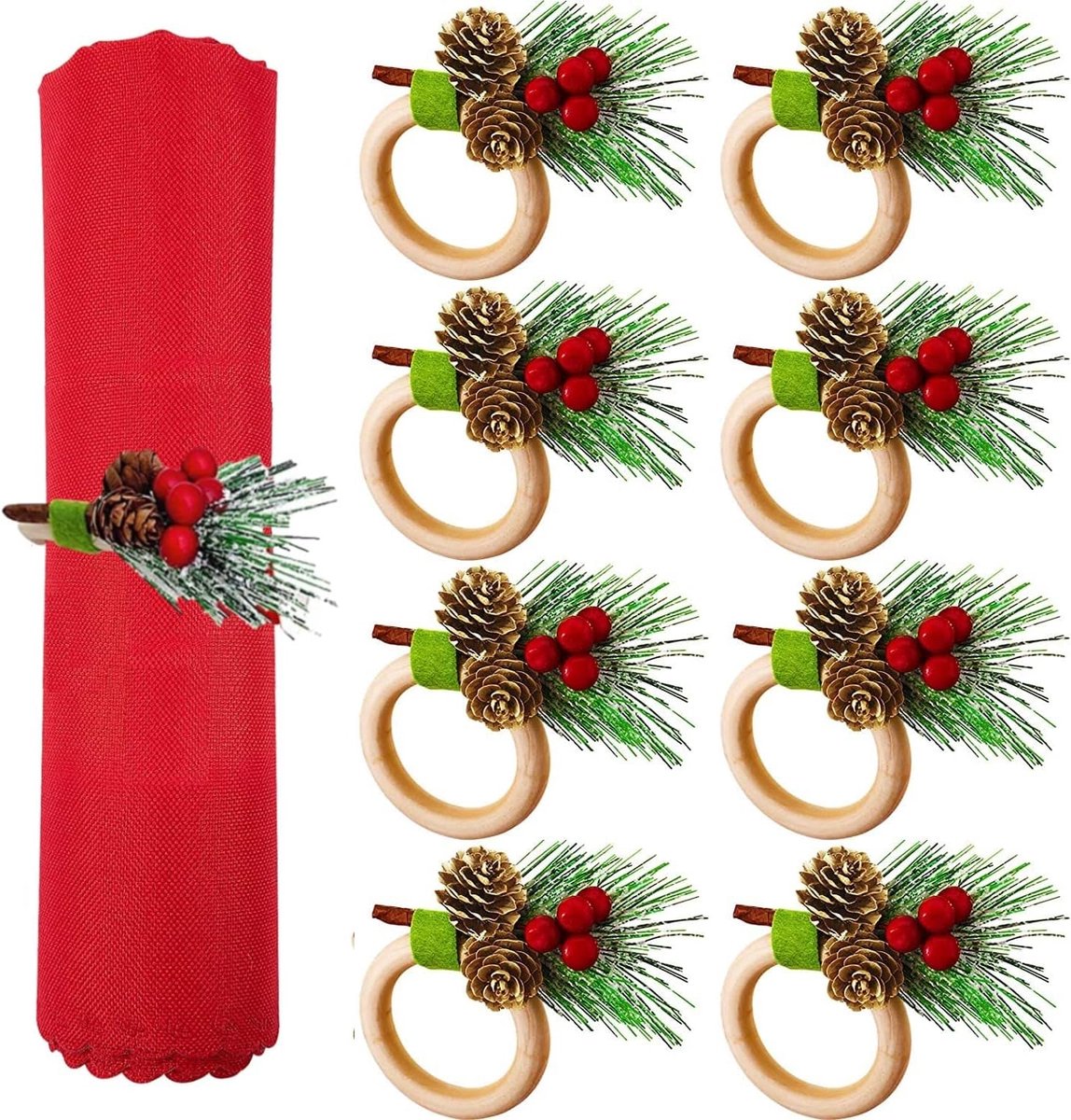 Servettenringen van hout - 8 stuks - met dennenappels en besjes - perfect voor kersttafeldecoratie - ShopVlot