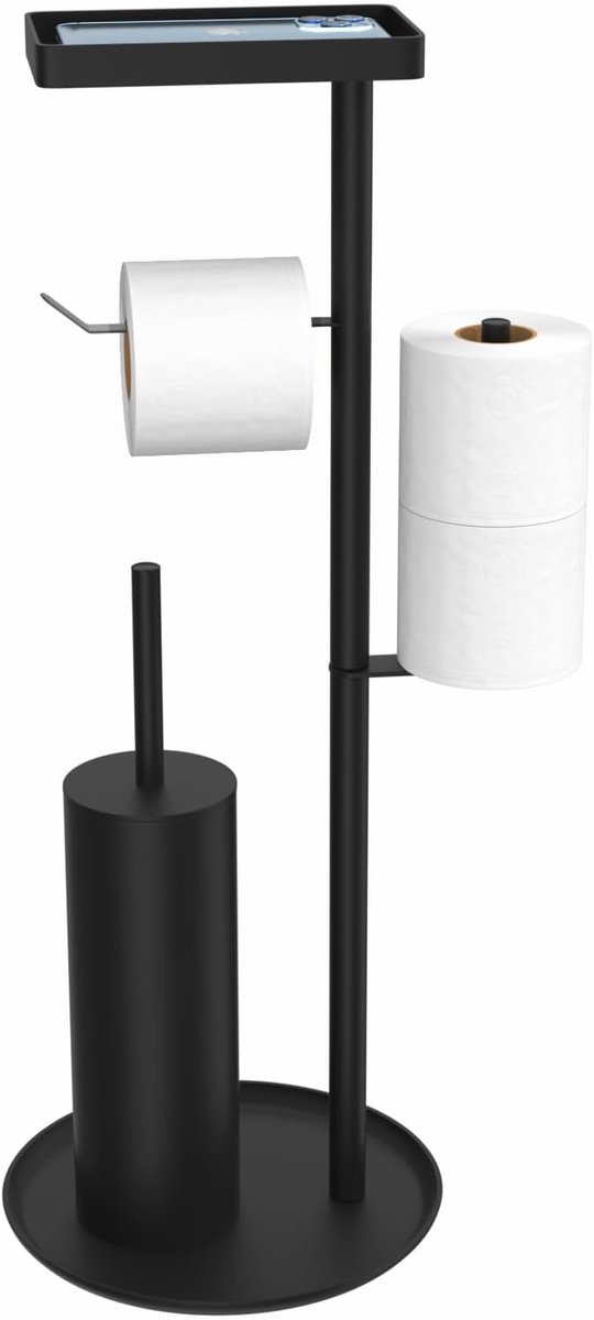 SnelShoppen - Staande toiletrolhouder met toiletborstel en tray, toiletpapierhouder met plank, roestvrij staal en plastic, duurzaam en gemakkelijk sch