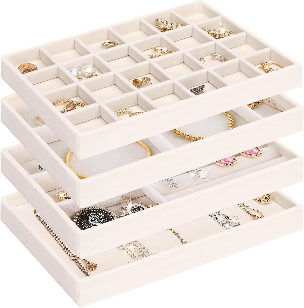 SnelShoppen - Sieraden Organiser Tray Set - 4 Stuks Velvet Box - Opbergdoos voor Oorbellen, Kettingen, Ringen - Stapelbaar, Beige - Ideaal voor Lade O