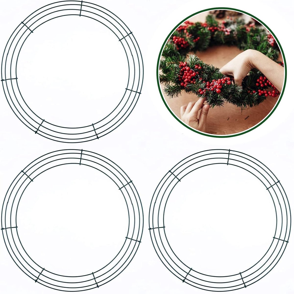 SnelShoppen - 3 Stuks Kerstkrans Ringen 40 cm Metaal Wreath Frame, Grote Groene Ronde Draad Krans Basis voor Kerstkransen, Tuin, Huisdecoratie DIY Cre