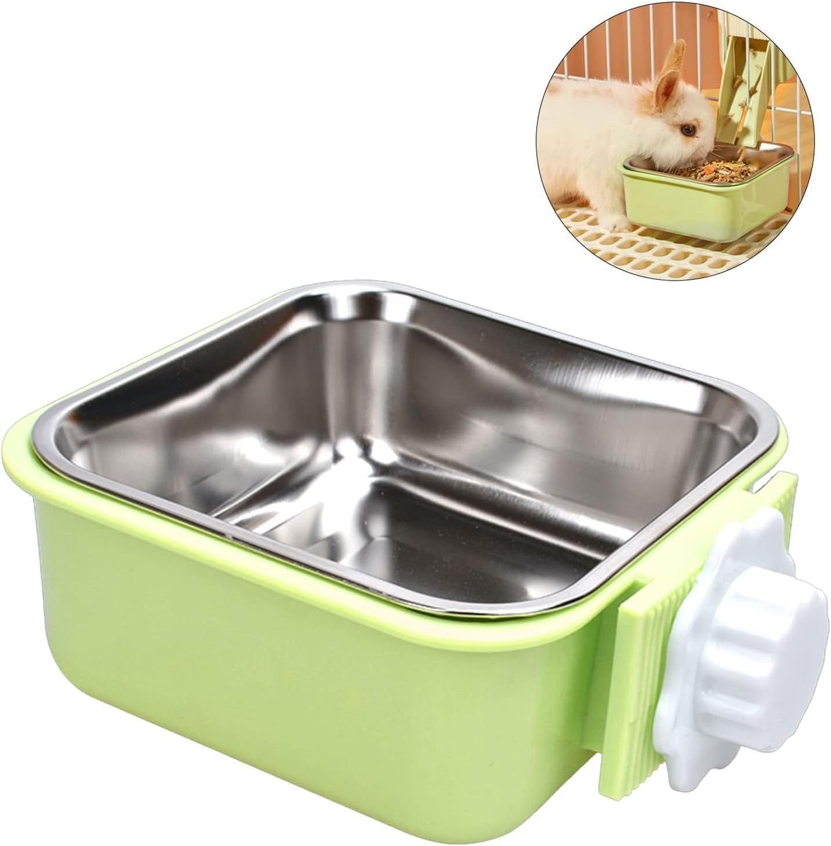 SnelShoppen - Hangende Dierenvreter Afneembare RVS 2-in-1 Waterbak voor Puppies, Katten, Konijnen, Cavia's, Egels, Vogels (Groen)