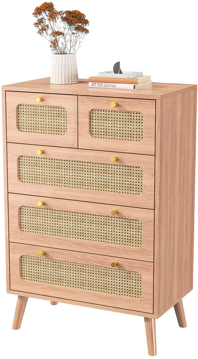 Houten Ladekast met Rotan Lades - Stijlvol Opbergmeubel met Meerdere Lades - Hout en Rotan - voor Woonkamer en Slaapkamer