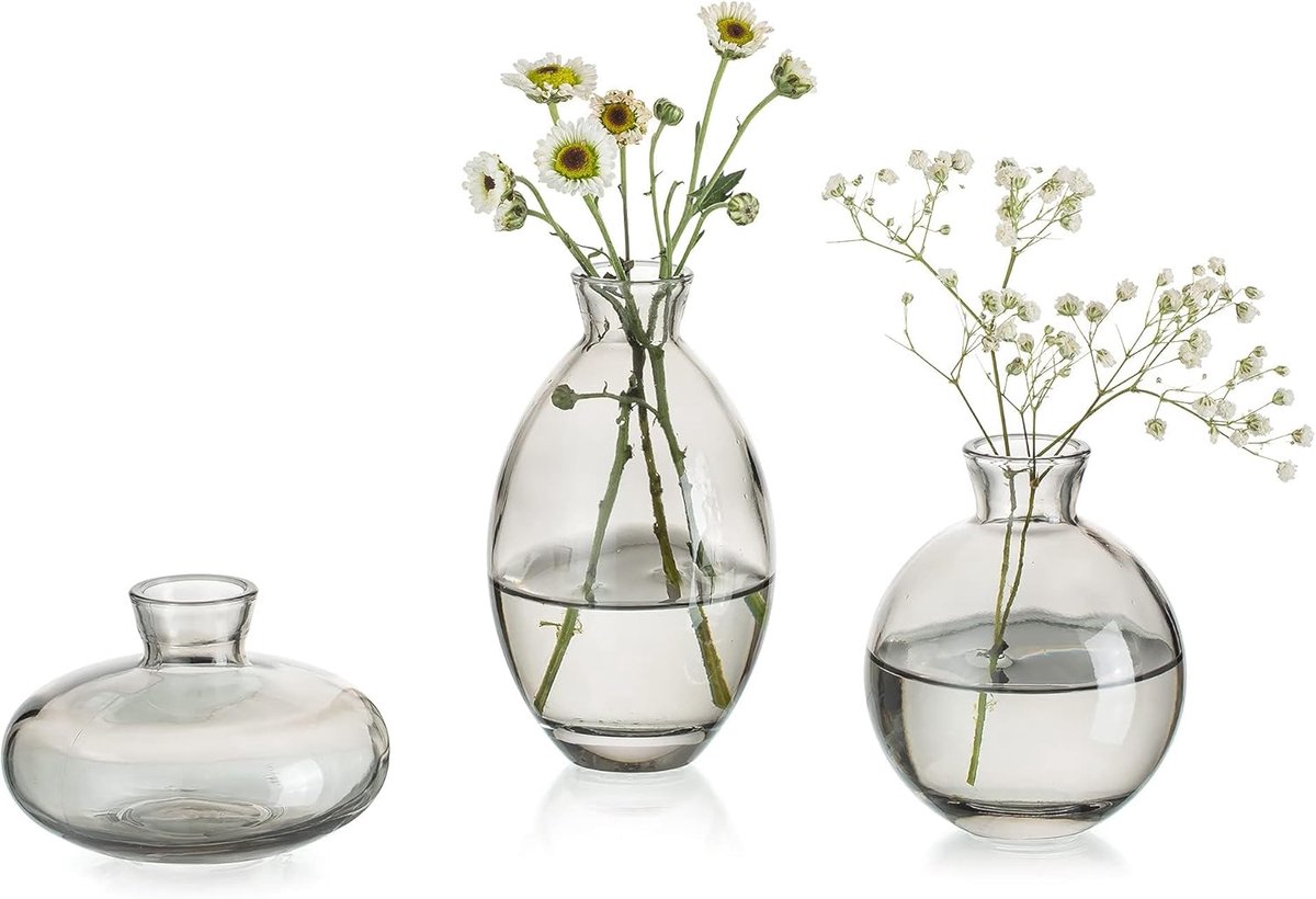 SnelShoppen - 3 Delige Grijze Vintage Bloemenvazen Set Handgemaakte Glazen Vazen Voor Tafel Decoratie, Mini Vaas Set Voor Kawaii Woonkamer Decoratie E