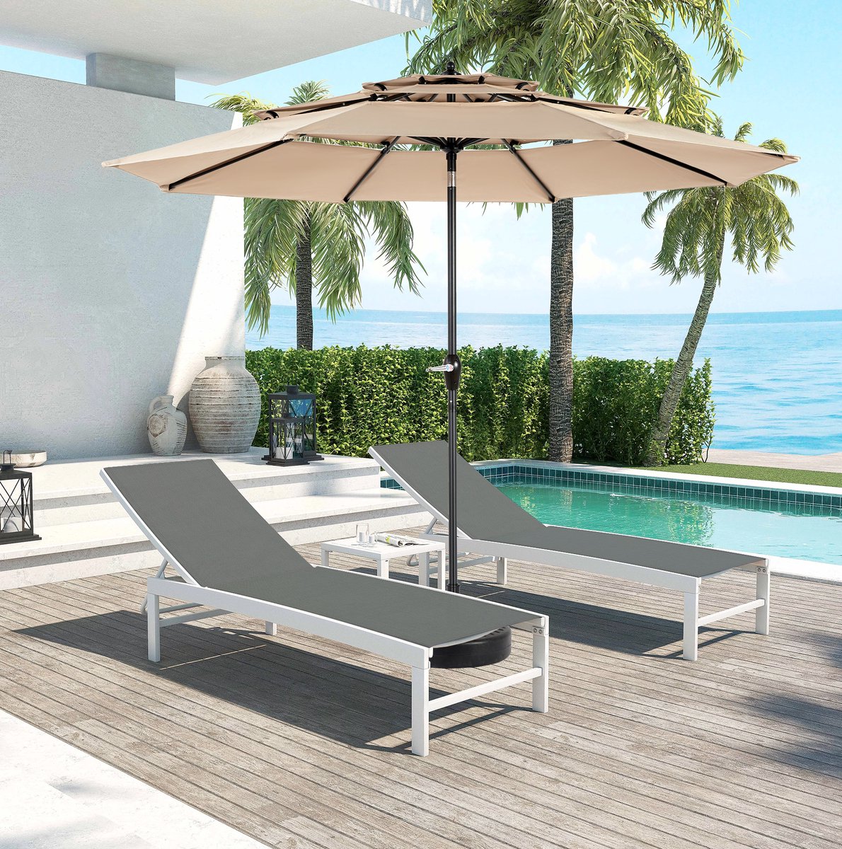Parasol – 294 cm – Kantelbaar met Zwengel – Polyester en Metaal – Kaki – Rond Model zonder Voet