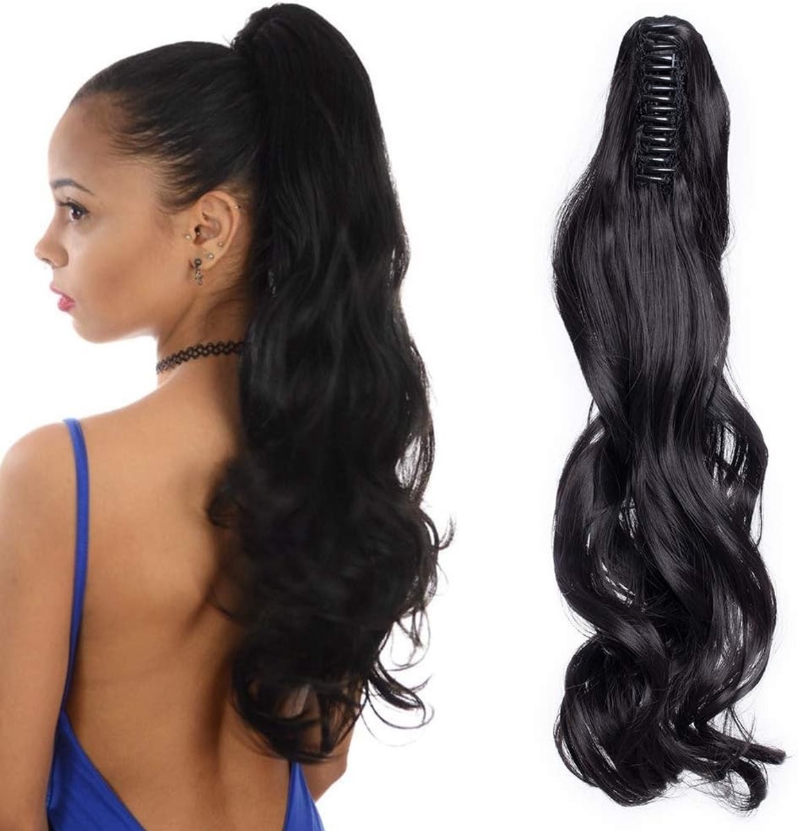Ponytail Clip on Extensions 45 cm - Lange Krullende Haarstukjes, Warmtebestendig en Natuurlijk Zwart Haar