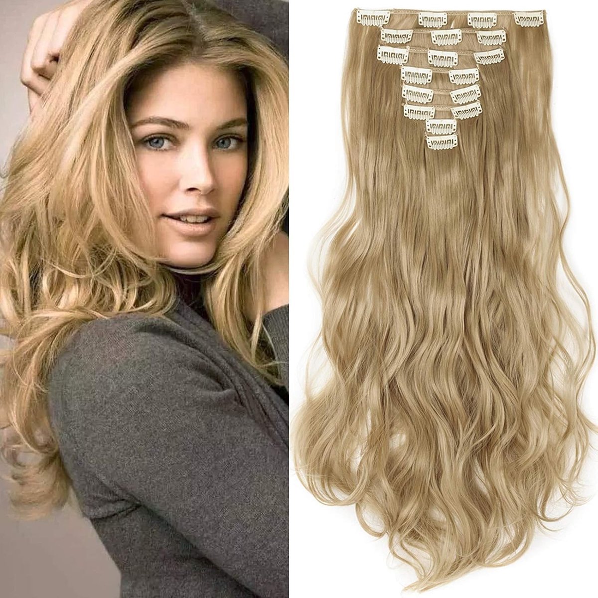 Clip-in Haarextensions Set van 8 Stukken - Natuurlijke Wavy Medium Blond 24 Inch Haarstukjes voor Volumineus Haar