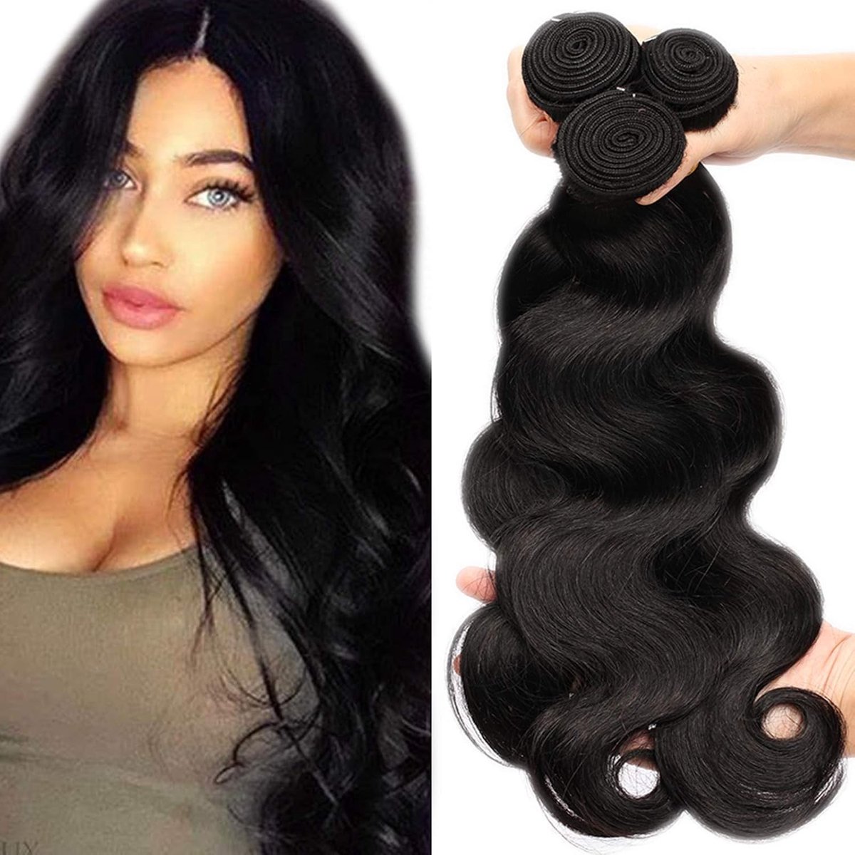 Natuurlijke Haarextensions van 40 cm tot 50 cm, Braziliaans Haar, 3 Bundels, Virgin Haar, Body Wave en Krullen (300 g)