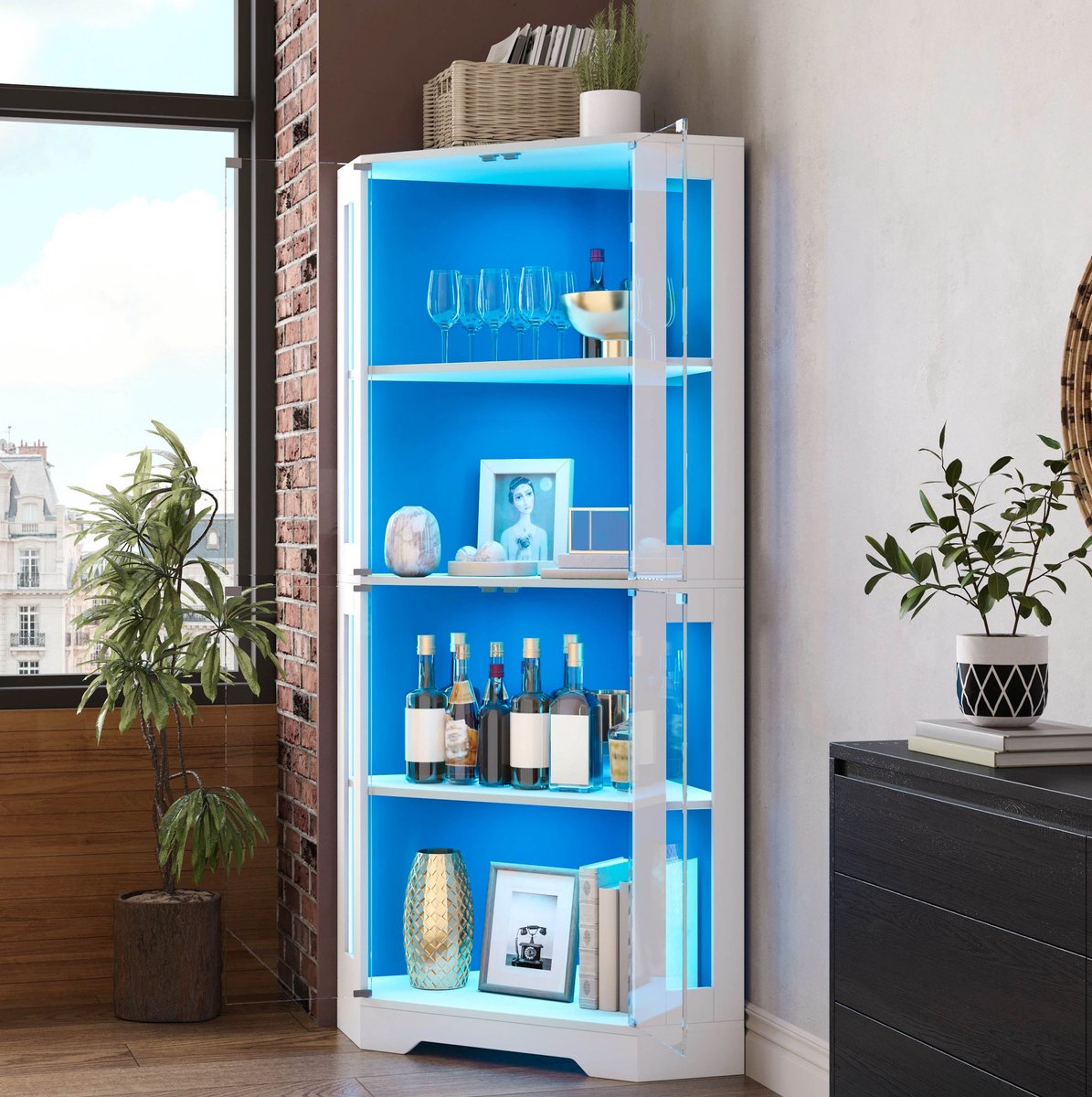 COVREO Keukenkast 40x40x165 cm wit, MDF en glas met LED en vitrine