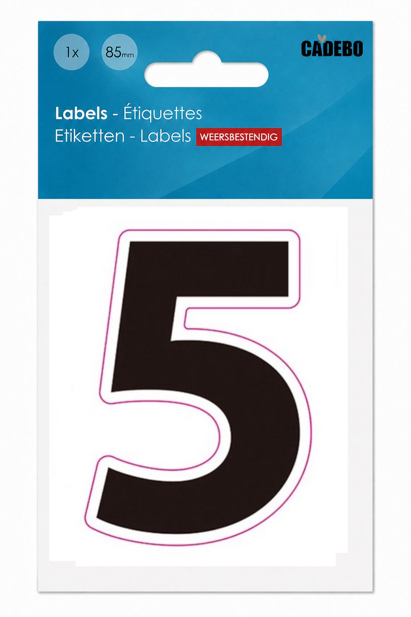 Plakcijfer - Nummer Sticker - 5 - Cadebo - Weerbestendig - 8,5 cm hoog, 6 cm breed, perfect formaat - Zwart