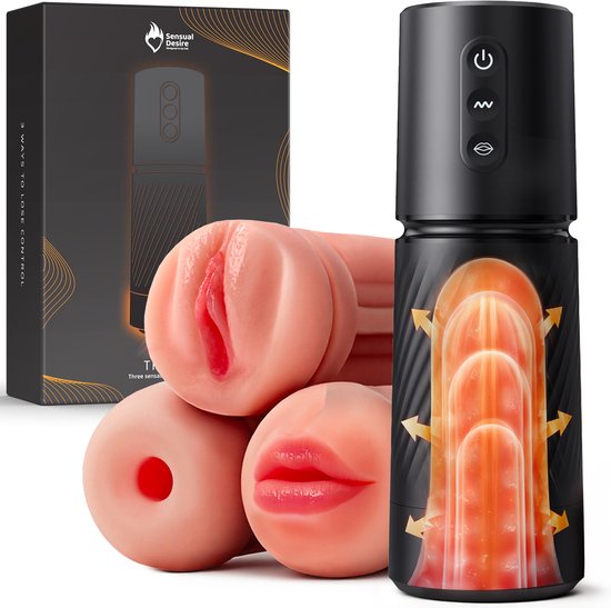 Sensual Desire® Trinity Automatische Masturbator voor Man - Pocket Pussy met 3 Verwisselbare Sleeves - Vibratie & Zuigkracht - Realistische Mond, Vagina & Anus - Sex Toys voor Mannen