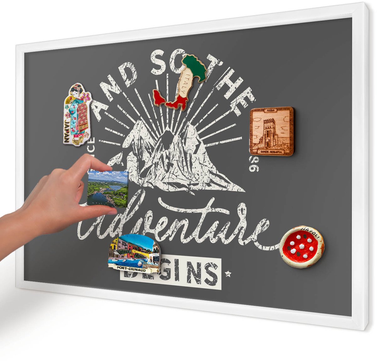 Artprintcave Grijs Magneetbord mit Witte Lijst - 60x40 cm - Berginscriptie Memobord Keuken - Vintage Magneet Bord mit Frame - Teksten