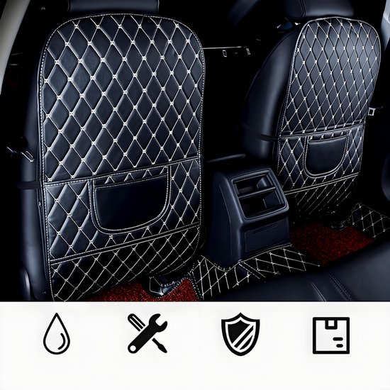 Autostoelrugleuningbeschermer - met 2 grote vakken - Beschermer voor de voorstoel - Stootbeschermer voor de rugleuning - Vuilbeschermer - 74 x 43 cm - PU-materiaal - Per stuk verpakt - Zwart — afbeelding 2