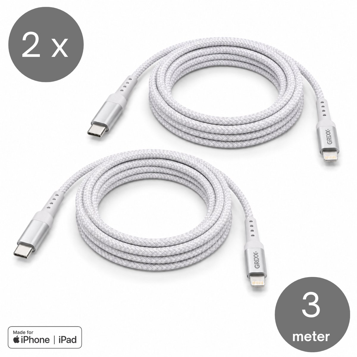 Lightning naar USB-C kabel - duo pack - Grixx - MFi - 27W - 2 meter - 2 stuks