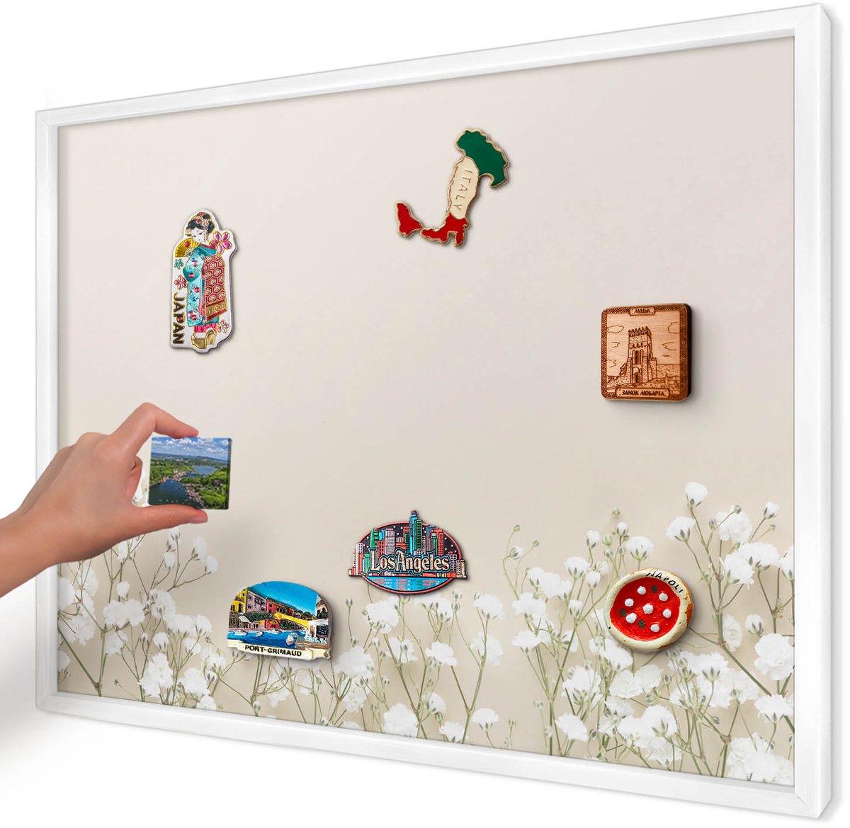 Artprintcave Beige Magneetbord mit Witte Lijst - 70x50 cm - Subtiele Natuur Notitiebord - Minimalist Magneetbord Voor Foto's - Bloemen En Planten