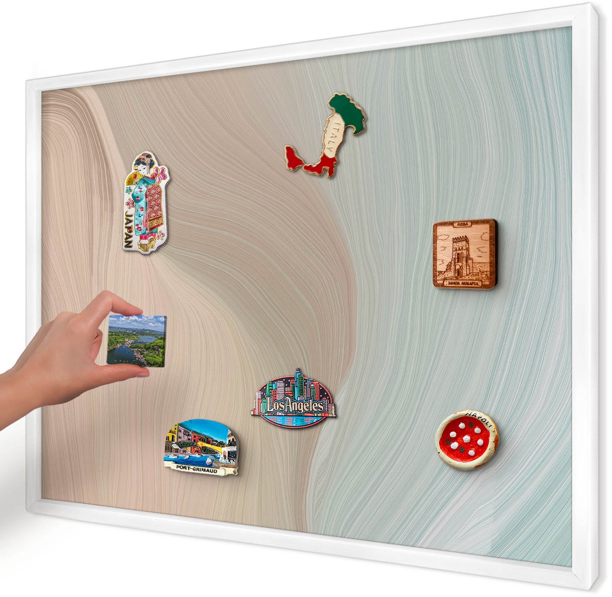 Artprintcave Beige Magneetbord mit Witte Lijst - 70x50 cm - Pastelkleurige Werveling Wandbord Magnetisch - Abstract Magneet Bord mit Frame - Abstractie