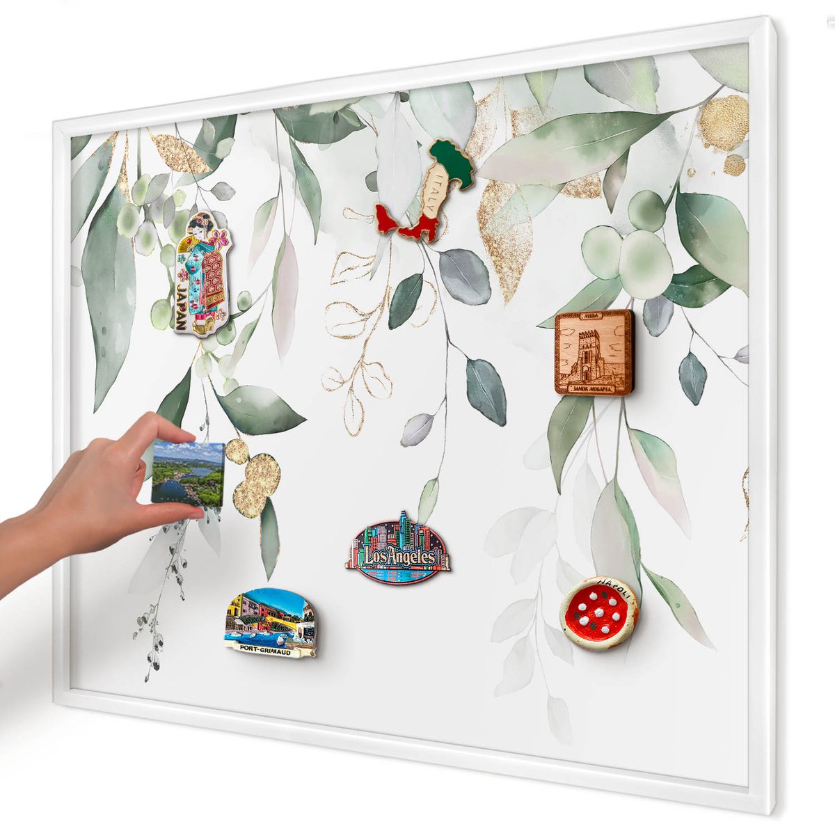 Artprintcave Groente Magneetbord mit Witte Lijst - 80x60 cm - Groene Bladeren Magneetbord Voor Keuken - Waterverf Magnetisch Bord Voor Magneten - Bloemen En Planten