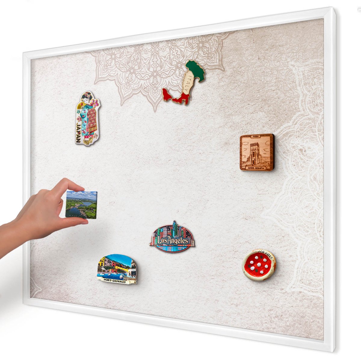 Artprintcave Romig Magneetbord mit Witte Lijst - 80x60 cm - Etnische Patronen Magnetisch Bord - Boho Magnetische Organizer - Achtergronden En Patronen