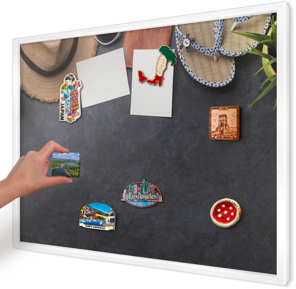 Artprintcave Zwart Magneetbord mit Witte Lijst - 70x50 cm - Vakantiesfeer Magneetbord Voor Keuken - Fotografisch Notitiebord - Hobby