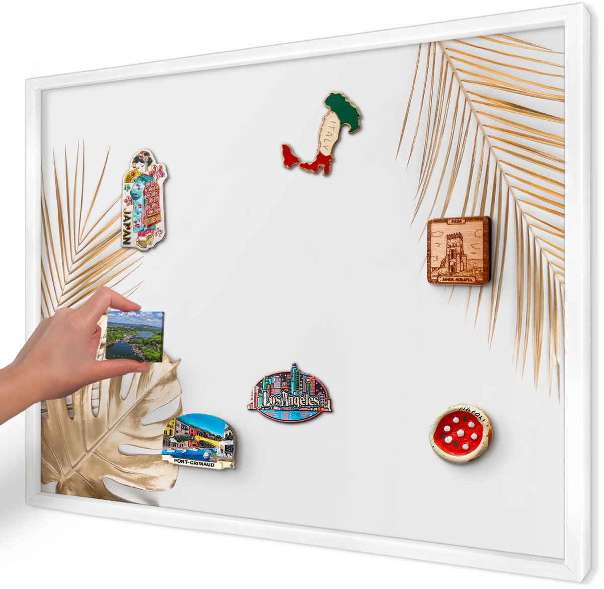 Artprintcave Wit Magneetbord mit Witte Lijst - 70x50 cm - Elegante Bladeren Magneetbord Voor Foto's - Minimalist Memobord Keuken - Bloemen En Planten